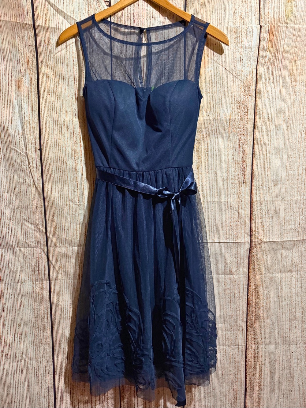 Eliza J Navy Mesh Yoke Midi Dress with Satin Waist Tie